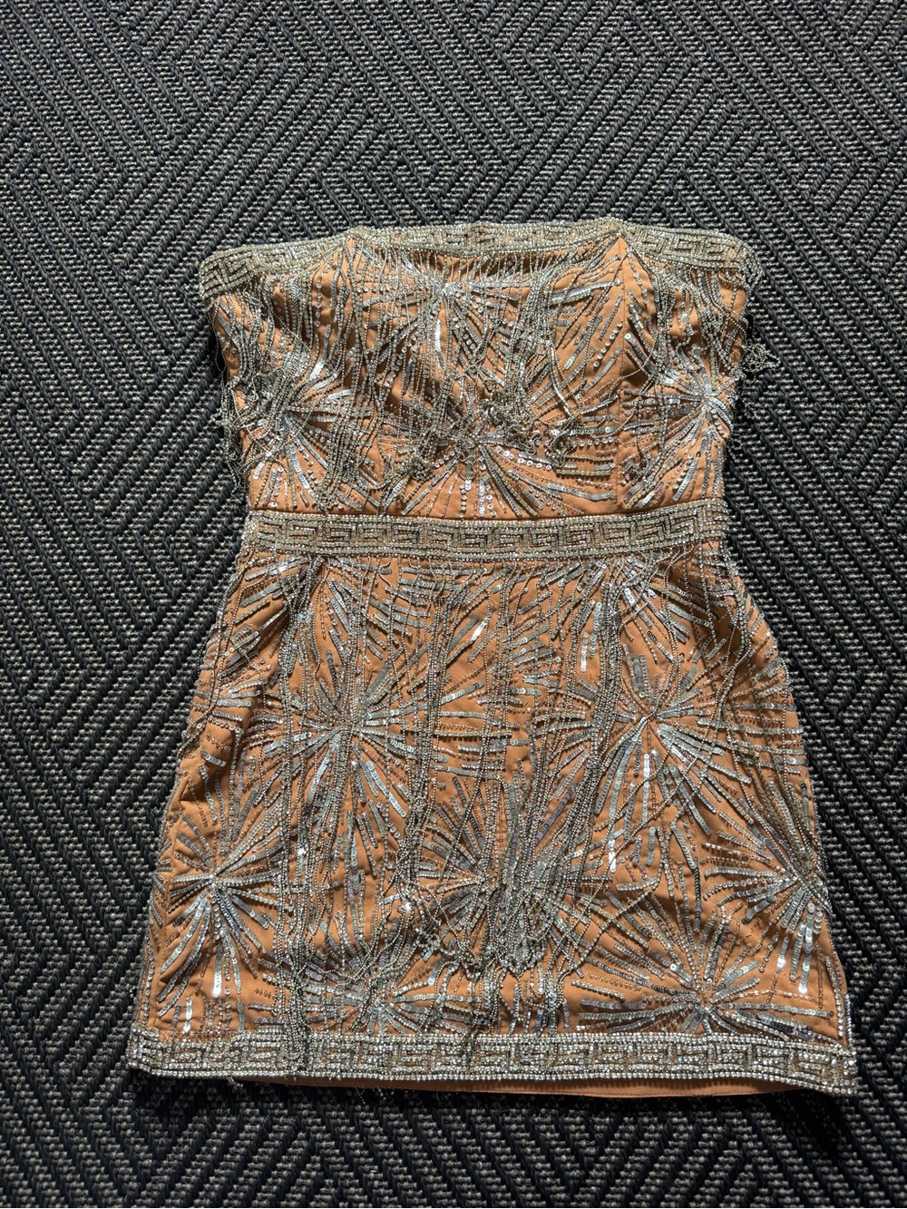 Retrofete Strapless Beaded Tan & Silver Mini Dress